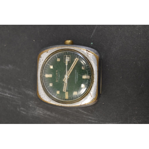 125 - A vintage Sicura (Brietling) gentlemans plated wristwatch, (A.F) having green dial with date ap... 