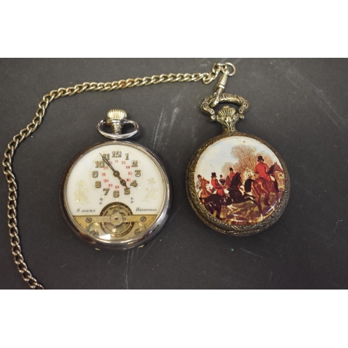 134 - A Hebdomas chrome plated pocket watch, and a modern hunter pocket watch decorated hunting scene to r... 