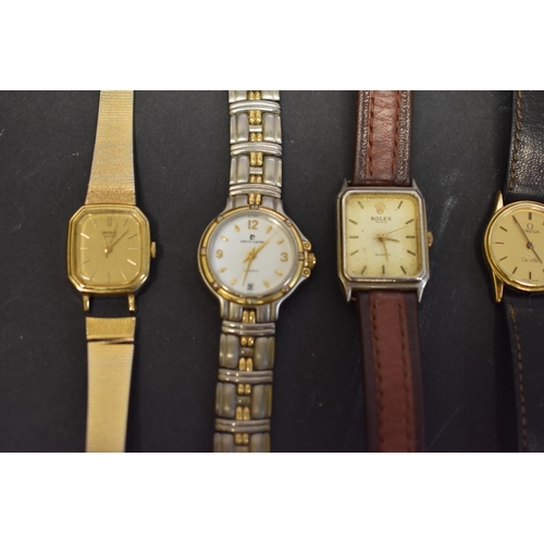 135 - An Omega De Ville quartz ladies wristwatch, cal 1450, on leather strap; together with five other var... 