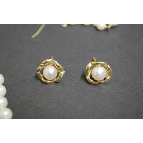 149 - A string of cultured pearls having 9ct gold clasp; together with two pairs of unmarked pearl earring... 