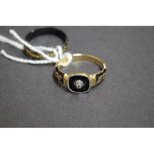 153 - An 18ct gold and black enamel memento mori ring set small diamond; together with a black and gold ba... 