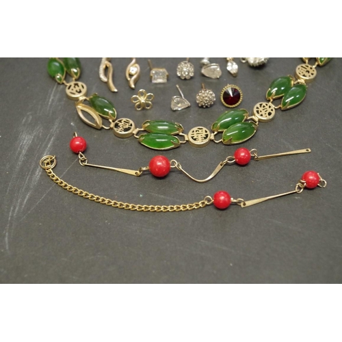 167 - A selection of gold and other jewellery, to include; a 9ct gold and jade pendant; a pearl stick pin;... 