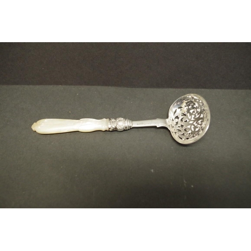 62 - A quantity of silver items, to include a vesta case; five small ladles; and a mother of pearl handle... 