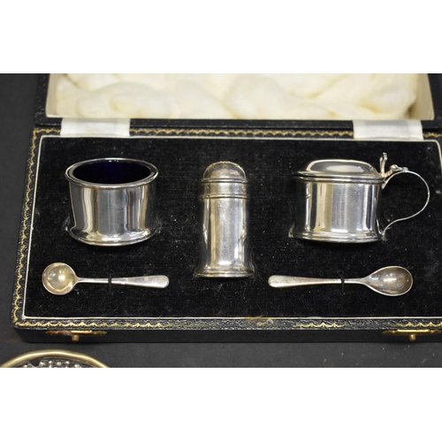 90 - A cased silver three piece condiment set, by William Suckling, Birmingham 1960; together with a... 