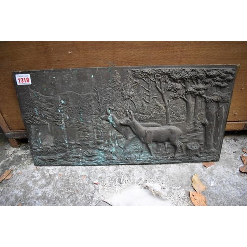 1318 - A bronze relief plaque of two deer in a landscape, 23 x 46cm.