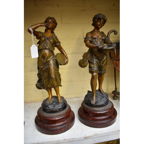 1346 - A pair of French spelter figures on faux marble bases, total height 40cm.