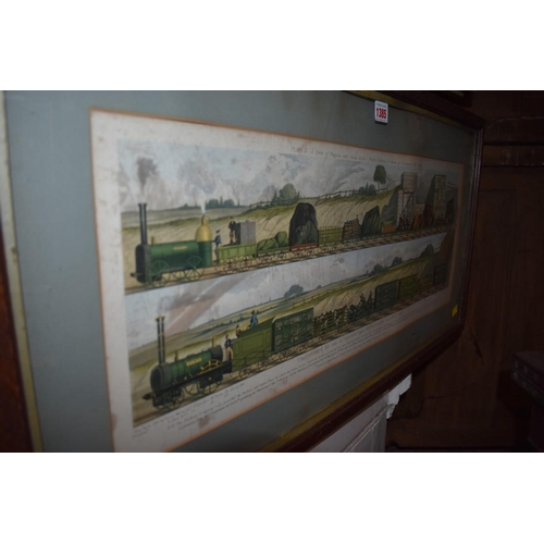 1385 - 'Travelling on the Liverpool and Manchester Railway, 1831', colour lithograph, 25 x 65cm. ... 