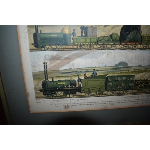 1385 - 'Travelling on the Liverpool and Manchester Railway, 1831', colour lithograph, 25 x 65cm. ... 