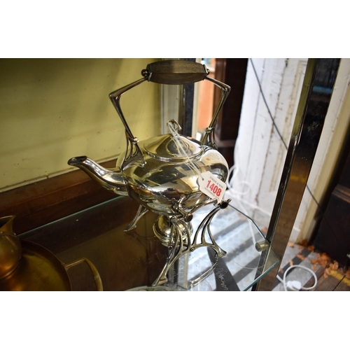 1408 - A Secessionist electroplated tea kettle and burner stand, probably WMF, 28cm high.  ... 