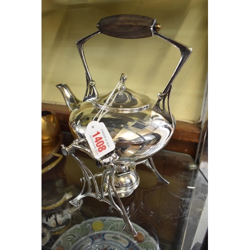 1408 - A Secessionist electroplated tea kettle and burner stand, probably WMF, 28cm high.  ... 