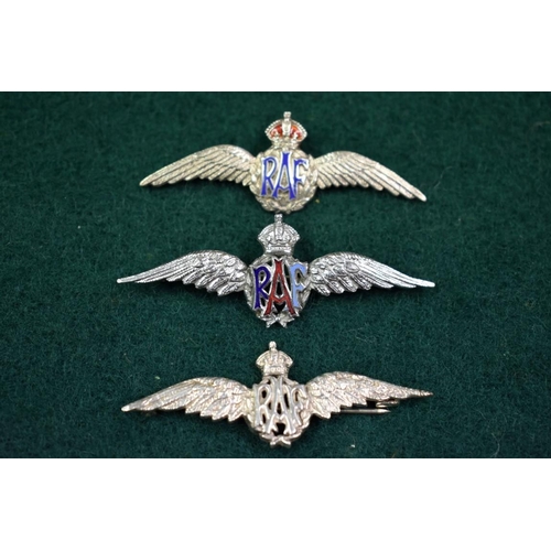 510 - A silver and enamel RAF sweetheart brooch; together with a silver example; and a RAF metal example, ... 