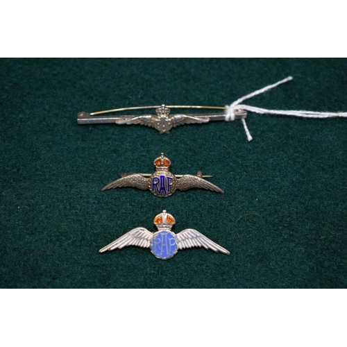 512 - A silver RAF bar brooch, 57mm; together with two silver and enamel sweetheart brooches, (3).... 