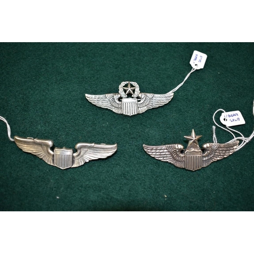 539 - Three silver US Airforce wings, by Luxenberg, ranks; Command Pilot; Senior Pilot; and Pilot, largest... 