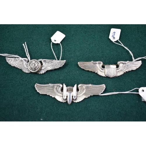 546 - Three silver US Airforce wings, ranks; Pilot; Aerial Gunner; and Enlisted Aircrew by Ludlow of Londo... 