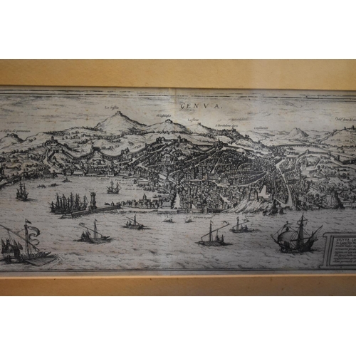 1397 - Three antique engravings, to include a view of Genoa.