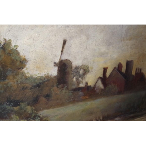 1113 - English School, a windmill in a landscape, oil on canvas, 43.5 x 73cm, unframed.