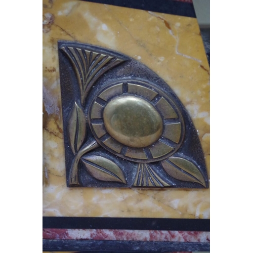 1086 - An Art Deco coloured marble and slate clock garniture, the clock 40cm wide, (s.d.)