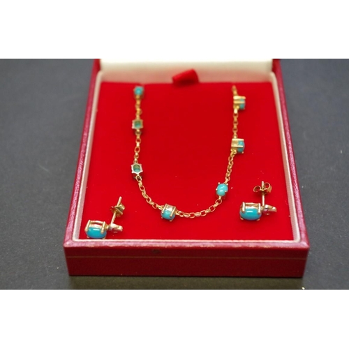 74 - A 9ct gold and turquoise suite of bracelet and earrings. (PLEASE NOTE THIS IS  A BRACELET NOT A NECK... 