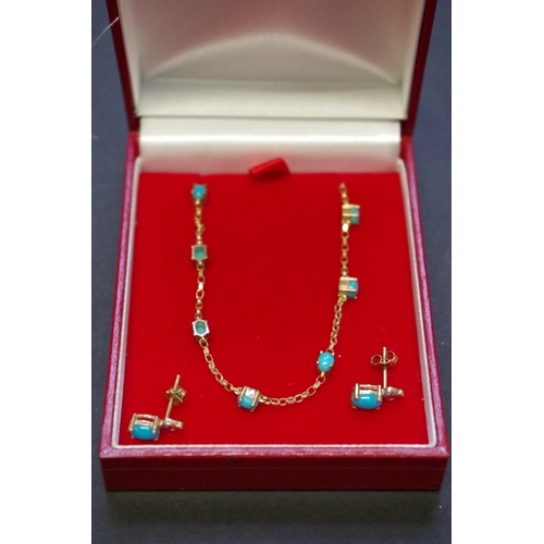 74 - A 9ct gold and turquoise suite of bracelet and earrings. (PLEASE NOTE THIS IS  A BRACELET NOT A NECK... 