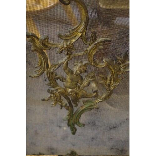 1671 - An antique rococo style cast brass fire guard, 90cm high x 73cm wide.