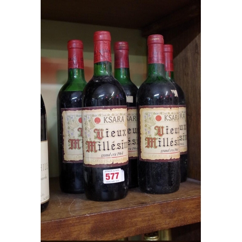 577 - Five bottles of 1964 Caves de Ksara Vieux Millesime grand cru. (5)