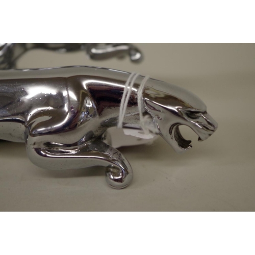 561 - Two Jaguar chrome plated car mascots, largest 19.5cm long.