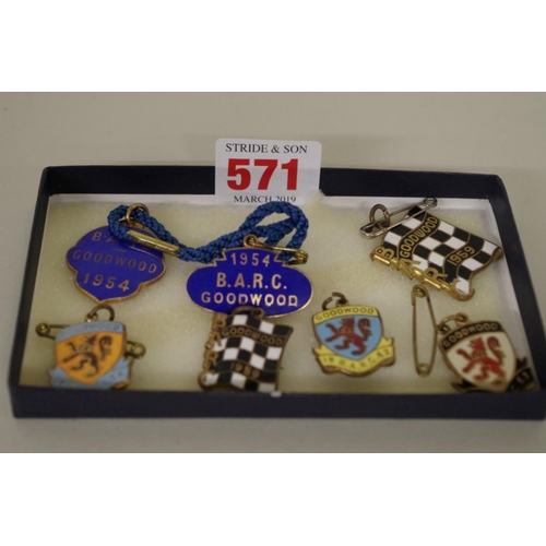 571 - Goodwood: seven enamel B.A.R.C. badges, comprising: 1954, with pendant; 1959, with pendant; 1962; 19... 