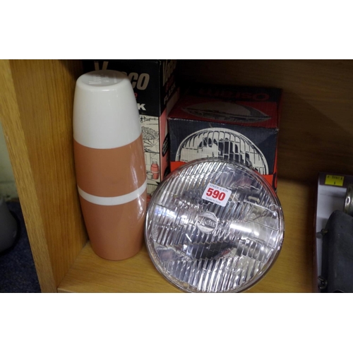 590 - A vintage Lucas sealed beam headlight, by Osram, in original card box; together with a vintage ... 