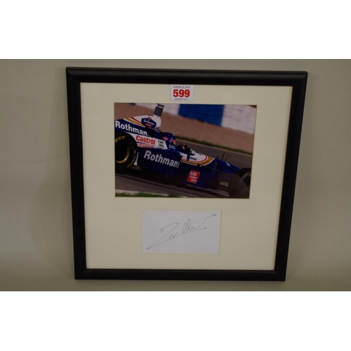 599 - Photographs: a colour image of Jacques Villeneuve in Williams, signed to reserved margin in mou... 