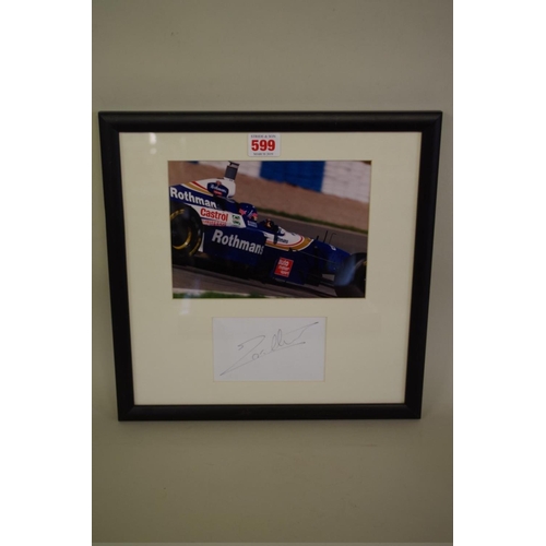 599 - Photographs: a colour image of Jacques Villeneuve in Williams, signed to reserved margin in mou... 