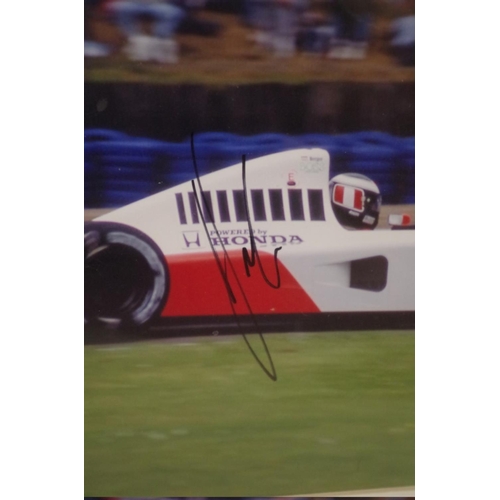 605 - Photographs: a colour image of Gerhard Berger in McLaren Honda, signed, image 19 x 29.5cm, mounted b... 