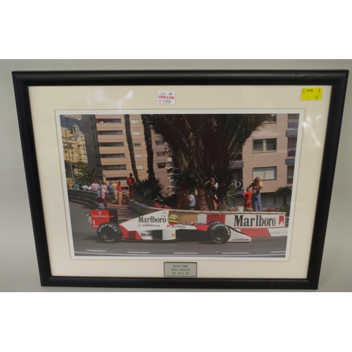 605 - Photographs: a colour image of Gerhard Berger in McLaren Honda, signed, image 19 x 29.5cm, mounted b... 