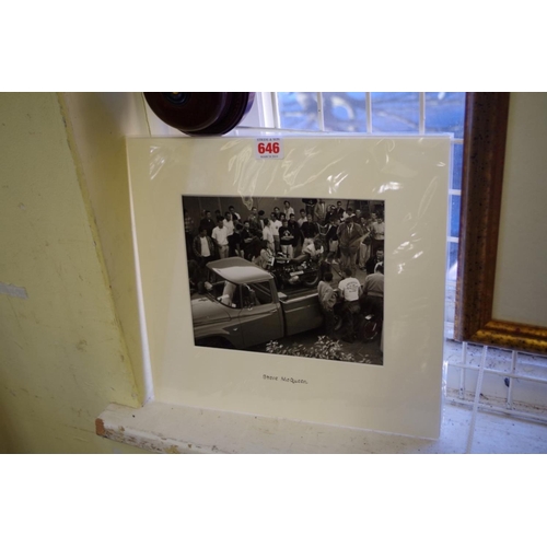 646 - Photographs: a vintage black and white image of Steve Mcqueen with Triumph motorcycle and onlookers,... 