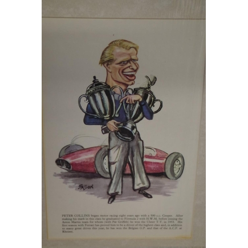 664 - After Louis Sallon, seven caricatures of racing drivers, 23 x 15cm, five unframed. ... 