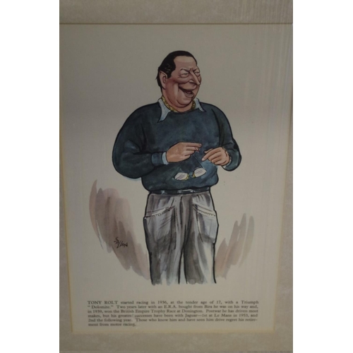 664 - After Louis Sallon, seven caricatures of racing drivers, 23 x 15cm, five unframed. ... 