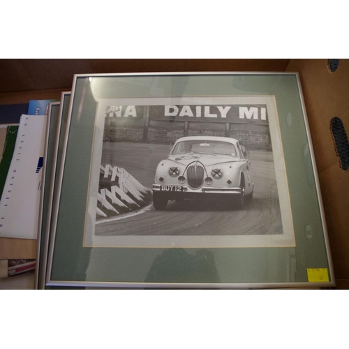 671 - A mixed lot: to include 'The Alfa Romeo Type 158/159' booklet; three vintage framed black and white ... 