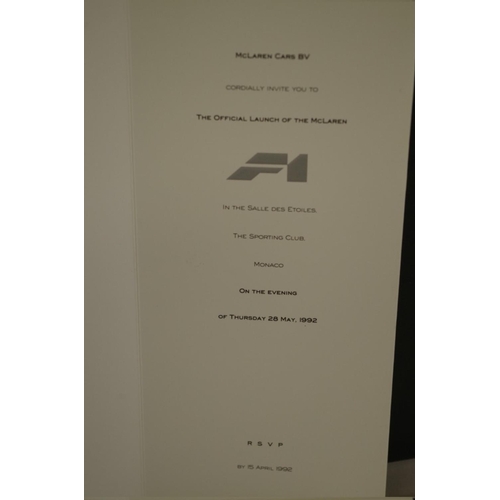 686 - McLaren: a rare F1 road car 1992 official launch invitation; a 1992 greetings card signed Creighton ... 