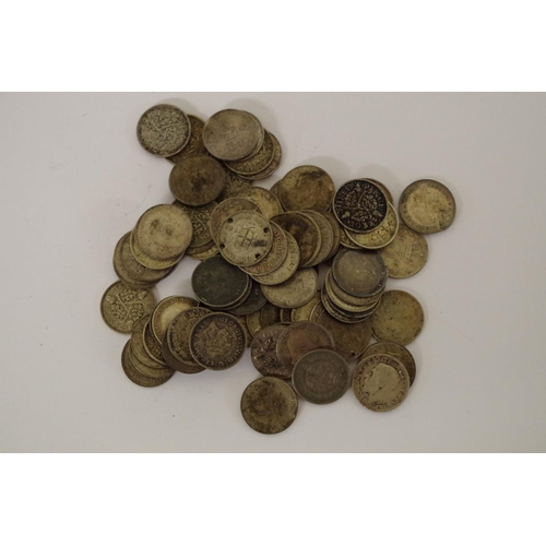 198 - A quantity of pre-1947 three penny coins; to include Victoria (3); George V (48); and George VI (31)... 