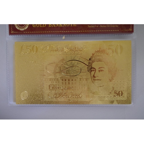 223 - Sixteen novelty gold and silver coloured British and USA bank notes.