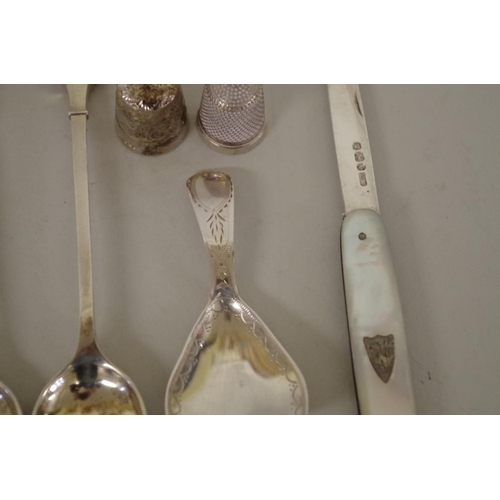 65 - A small group of mixed silver items, to include: a George III caddy spoon, by Alice & George Bur... 