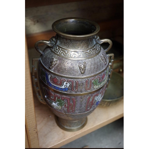 1155 - A Chinese brass and cloisonne enamel vase, 23.5cm high; together with a Chinese twin handled censer;... 