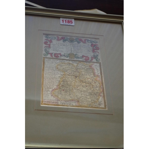 1185 - An antique hand coloured map of 'The Road from London to Shrewsbury', 18.5 x 12cm, double sided... 