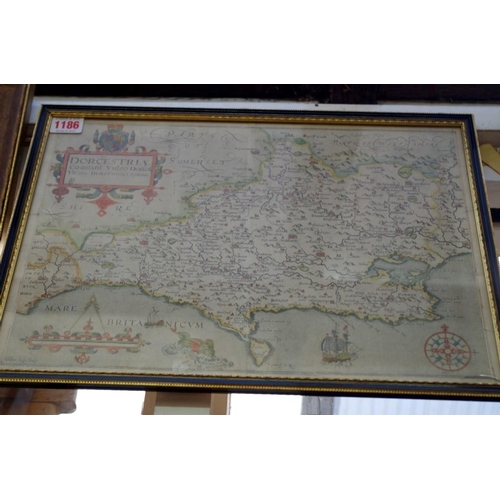 1186 - William Kip, an antique hand coloured map of 'Dorcestriae', circa 1610, 28.5 x 40cm. ... 