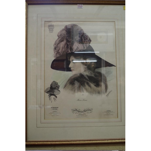 1193 - A pair of antique hat design lithographs, 41 x 30cm.