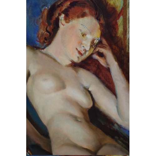 1218 - English School, full length female nude, oil on canvas, 152 x 76cm, unframed.