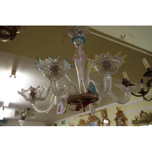 1730 - A Venetian clear and coloured six branch chandelier, (a.f).