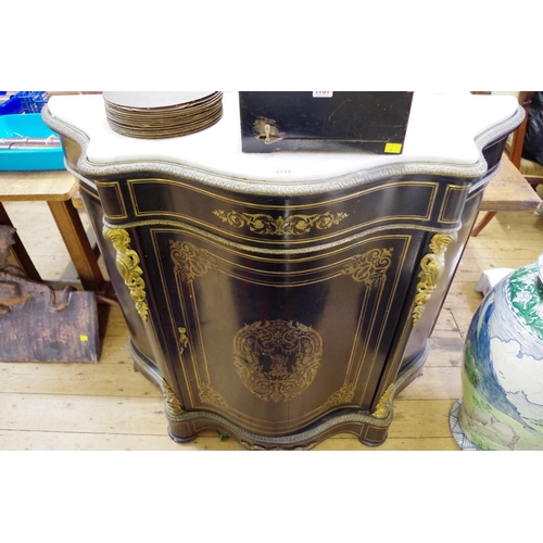 1734 - A 19th century ebonized brass inlaid and marble top credenza, of shaped outline, 115.5cm wide.... 