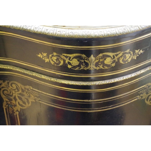 1734 - A 19th century ebonized brass inlaid and marble top credenza, of shaped outline, 115.5cm wide.... 