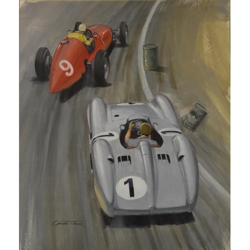 652 - Graham Turner, 1954 Mercedes Benz W196 at the British Grand Prix, signed, gouache, image 30 x 25.5cm... 