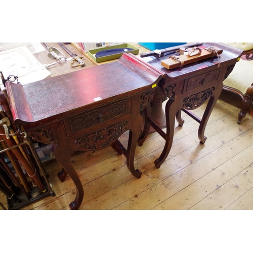 1738 - A pair of Chinese carved and stained altar type side tables, each with single frieze drawer, 69... 